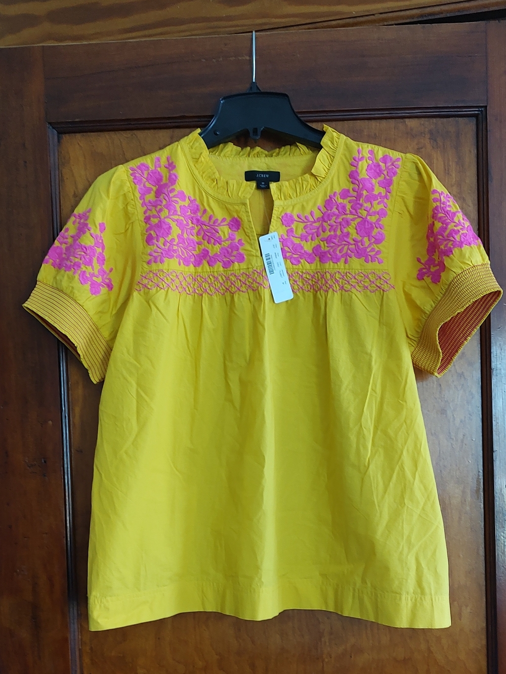 J. Crew Bright Yellow Short Sleeve Blouse with Pink Floral Embroidery